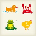 Set of four animal illustration. Duck, crap, frog, chicken. Royalty Free Stock Photo