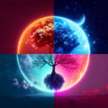 Vector illustration of a set of four backgrounds with a silhouette of a tree and a moon AI Generated