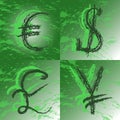 Set of four currencies dollar, pound sterling, Euro, Japanese yen