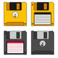 Pixel art floppy disk collection. Black and yellow diskettes front and back views Royalty Free Stock Photo