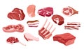 Vector illustration set of fresh meat icons, pieces of fresh tasty meat, steak, ribs in flat style. Gastronomic, cooking