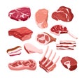 Vector illustration set of fresh tasty meat icons in flat style, isolated objects on white background. Gastronomic