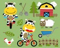 Vector illustration set of funny cow cartoon with farm animals, farmyard elements Royalty Free Stock Photo