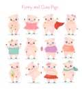 Vector illustration set of funny and cute little cartoon pigs characters posing in different poses and situations on Royalty Free Stock Photo