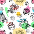 Vector illustration set of gift boxes with bows and ribbons.Hand drawn sketch Royalty Free Stock Photo