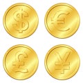 Vector illustration. Set of gold coins with 4 major currencies. Dollar, Euro, Pound sterling, Yuan or Yen. Chips. Editable