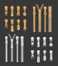 Vector illustration set of gold color and silver metallic zippers. Closed and open pullers collection on black Royalty Free Stock Photo