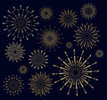 Vector illustration set of golden firework salute burst on dark background. Salute collection in night sky background. Royalty Free Stock Photo