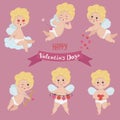 illustration set of golden-haired cupid in different poses and congratulations. Valentine\'s day and wedding concept cupid Royalty Free Stock Photo