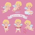 illustration set of golden-haired cupid in different poses and congratulations. Valentine\'s day and wedding concept cupid