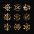 Vector illustration set of golden snowflakes isolated on black background. Christmas snowflakes icons collection for Royalty Free Stock Photo