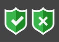 Vector illustration set of green shield with tick and cross. Symbol of protection and reliability Royalty Free Stock Photo