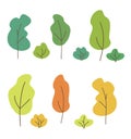 Vector illustration set of green, yellow, orange trees. Trees and bushes collection isolated on white background in flat Royalty Free Stock Photo