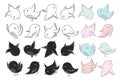 Vector illustration with set of hand drawn cute birds contours, silhouettes and pastel colors variations isolated on white Royalty Free Stock Photo