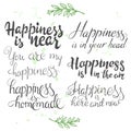 Vector illustration with set of hand lettering inspiration quotes about happiness. Happy badge, print, logo, emblem