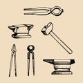 Vector illustration set of hand sketched blacksmith elements. Retro farrier icons or signs.