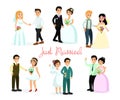 Vector illustration set of happy characters bride and groom isolated on white background in cartoon flat style. Wegging Royalty Free Stock Photo