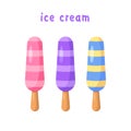 Vector illustration set of ice cream juice on a stick. Ice cream in pink, purple, blue, yellow colors isolated on white Royalty Free Stock Photo
