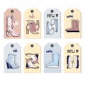 Illustration of Set icons items for Shoe shop. Elements for this Sale Shoes. Graphic Tags for shoes discount.
