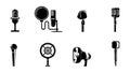 Vector illustration set of icons microphones on white background. Equipment for podcasts, concerts, speakers, karaoke and radio Royalty Free Stock Photo