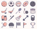 Vector illustration set of icons of sports accessories of different types. Flat style sports equipment.