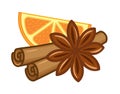 Vector illustration set of ingredients for mulled wine spices. A slice of orange fruit, cinnamon sticks and star anise