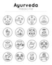 Vector illustration with set of isolated ayurveda icons on white background