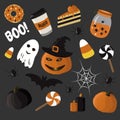 Vector illustration - set of isolated elements on the theme of Halloween. jack lantern, pumpkins, witch hat, bats, cobwebs, spider Royalty Free Stock Photo