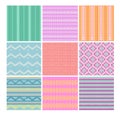 Vector illustration set of knitting fabrics seamless patterns backgrounds. Collection of nine colorful and bright