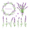 Vector illustration set of lavender flowers, bouquet, wreath and elements of design for greeting card on white Royalty Free Stock Photo