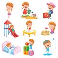 Vector Illustration Set Of Little Girl Daily Routines