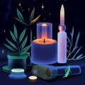 Vector illustration of a set of magic objects. A candle, a bottle with a potion, an incense stick and a plant. AI Generated