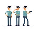 Vector illustration set male policeman character. A policeman in uniform is standing in different poses. Public safety Royalty Free Stock Photo