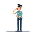 Vector illustration set male policeman character. A policeman in uniform is standing and eating a donut . Public safety Royalty Free Stock Photo