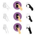 Vector illustration set man holding smartphone with the right hand and presses big finger on the screen