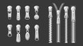 Vector illustration set of metal and silver color fasteners, zippers. Collection of garment components and handbag Royalty Free Stock Photo