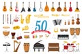 Set of 50 musical instruments in cartoon style isolated on white background