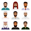Vector illustration set of muslim avatars, vector arab man icon, saudi characters, arabic businessman in national
