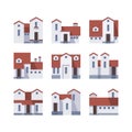 Vector illustration. Set of nine houses with white walls and red roofs. Royalty Free Stock Photo