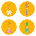 Vector illustration set orange icons flask with liquids, line ar Royalty Free Stock Photo