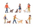 Set of people dog walking dogs breeds illustration Royalty Free Stock Photo