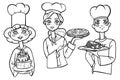 Vector illustration set of people icons. Cartoon and realistic cooks in black outline isolated on white background