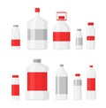 Vector illustration set of plastic bottles for drinking water and liquids, PET, recyclable. Different shapes of bottles Royalty Free Stock Photo