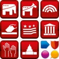 Set of politics icons on square buttons. Geometric style