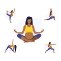 Vector illustration set of pregnant black or latin girl or woman doing yoga class. Healthy fitness pregnant, sport in pregnancy.