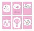 Vector Illustration. Set of 6 printable cards. Perfect to newborn Birthday cards, postcards, stickers, labels, banners, posters an