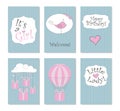 Vector Illustration.Set of 6 printable cards. Perfect to newborn Birthday cards, postcards, stickers, labels, banners, posters and