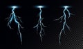Vector illustration set of realistic lightning on dark transparent background. Light splashes with lightings.