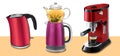 Vector illustration set of red coffee machine with cup of coffee, red kettle and traditional Turkish kettle with teapot Royalty Free Stock Photo