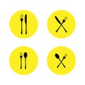 Vector illustration. Set of restaurant icon, sign. fork, spoon and knife cross icons on yellow round background Royalty Free Stock Photo